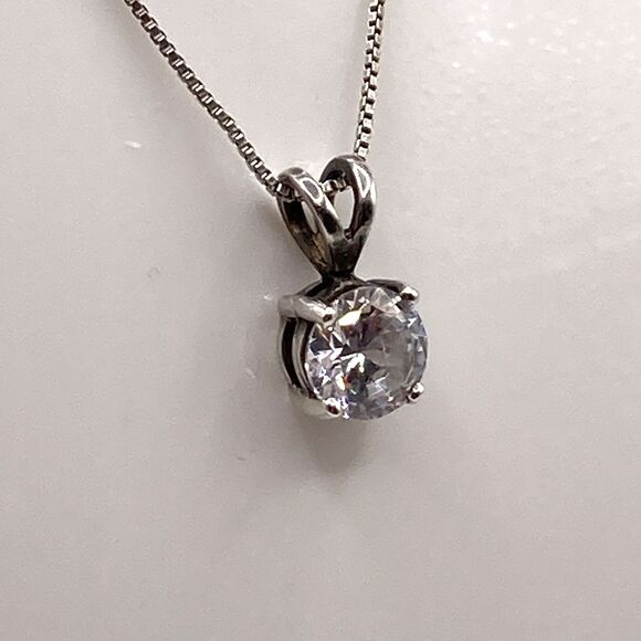 Sterling Silver Large Faceted Clear Crystal Solitaire Pendant and Chain Necklace - Picture 3 of 7